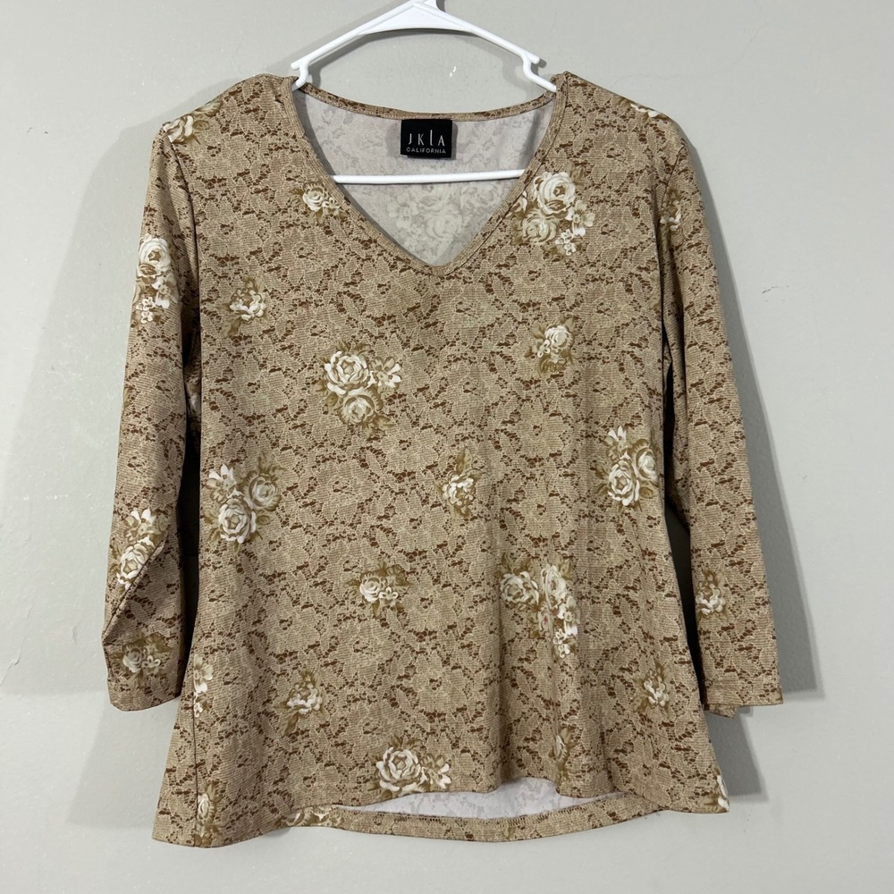 JKLA California Women's Floral Lace V-Neck 3/4 Sleeve Top Shirt‎ Size Large